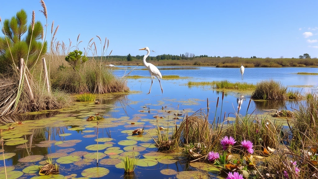 Restored wetland ecosystem with water birds, native vegetation, and clear water reflecting sky, vibrant ecosystem recovery