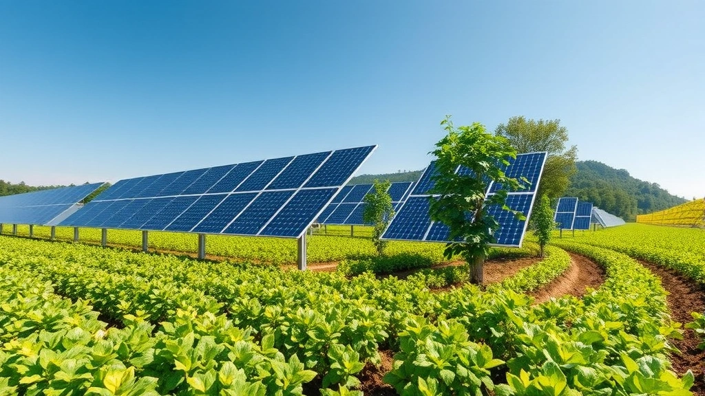 Renewable energy solar panels integrated with agricultural crops in agrivoltaic system, demonstrating circular economy approach, with natural landscape and blue sky, photorealistic scene