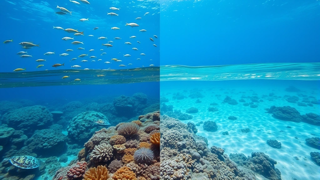 Underwater coral reef ecosystem with vibrant biodiversity including fish schools, sea turtles, and healthy coral formations, contrasted with bleached coral sections showing climate change impacts on marine ecosystem services and biodiversity