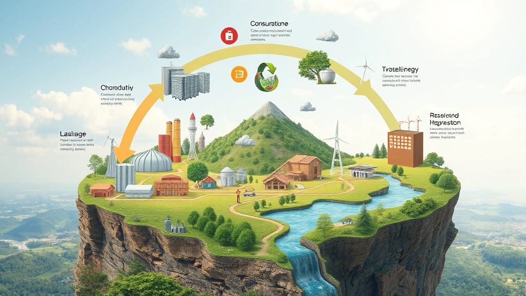 Circular economy visualization showing material flows through production-consumption-waste cycles with recycling processes, renewable energy infrastructure, and restored natural ecosystems integrated into sustainable economic system landscape