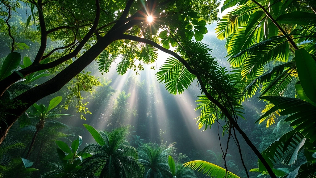 Lush tropical rainforest canopy with sunlight filtering through dense vegetation, misty morning atmosphere, vibrant green layers showing biodiversity, natural light creating depth