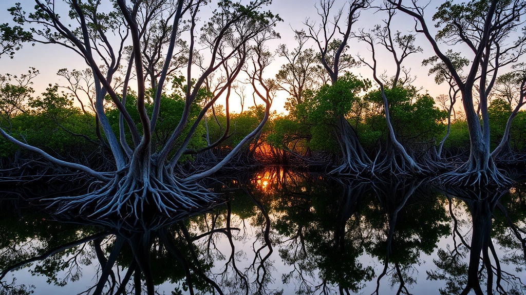 Coastal mangrove forest reflected in calm water at sunset, intricate root systems visible, golden hour lighting, healthy dense vegetation, ecological richness evident