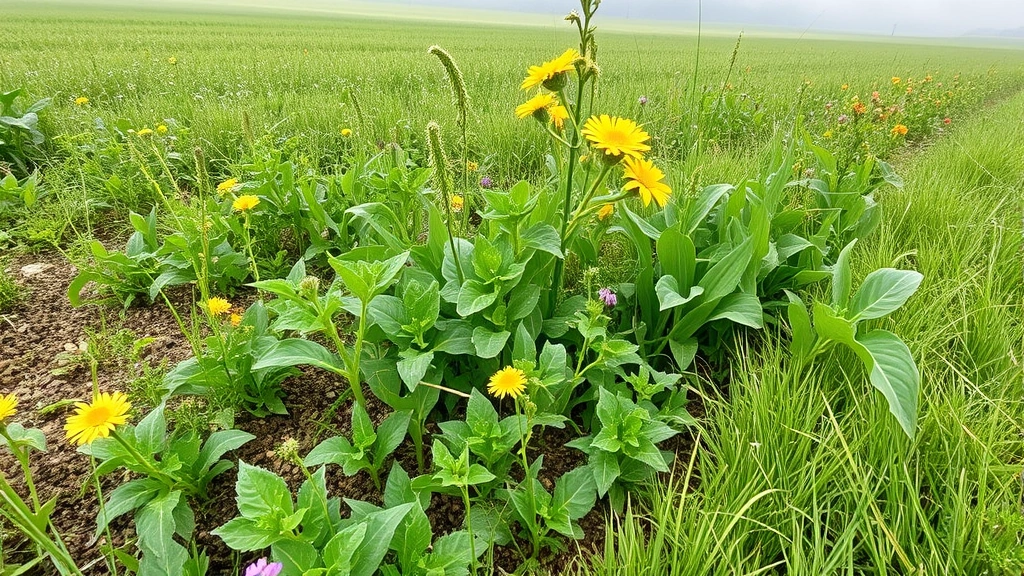Diverse agricultural field with mixed crops and wildflowers, natural pollinator ecosystem, healthy soil visible at field edge, morning dew on plants, peaceful productive landscape