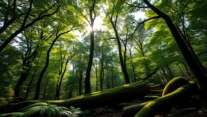 Lush temperate forest canopy with sunlight filtering through leaves, showing multiple tree layers and understory vegetation with ferns and moss-covered logs, photorealistic natural lighting