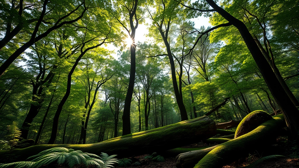 Lush temperate forest canopy with sunlight filtering through leaves, showing multiple tree layers and understory vegetation with ferns and moss-covered logs, photorealistic natural lighting