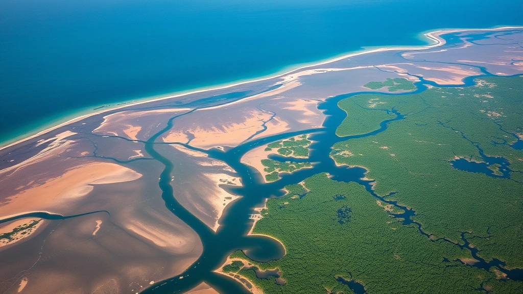 Aerial view of river delta where freshwater meets ocean, showing sediment patterns, mangrove forests, and wetland ecosystems transitioning between terrestrial and marine environments, high-resolution landscape photography