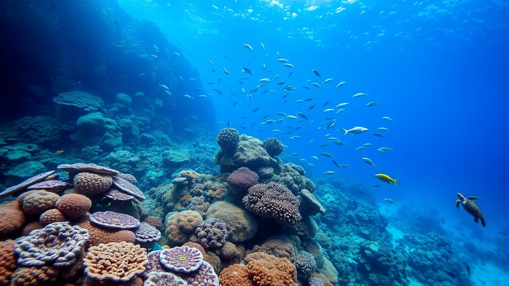 Underwater coral reef ecosystem with diverse coral formations, schools of fish, sea turtles, and vibrant marine life demonstrating biodiversity in tropical ocean environment, clear blue water photography