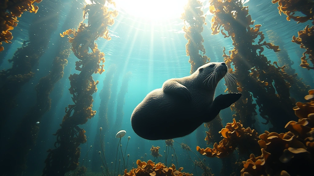 Sea otter floating on back in kelp forest with sunlight filtering through water, coastal ecosystem background, photorealistic underwater scene