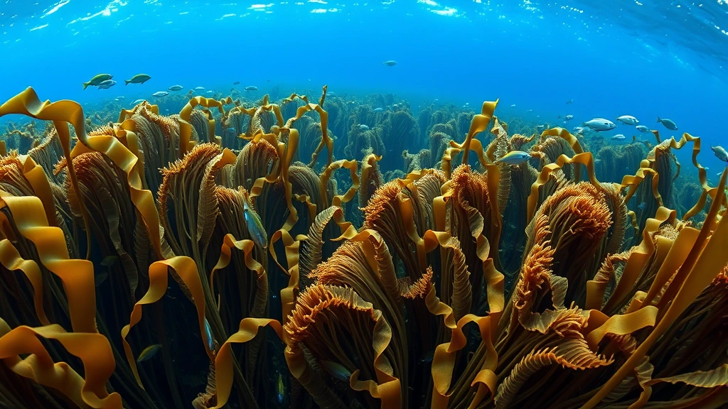 Healthy dense kelp forest swaying in ocean currents with diverse fish species and marine life visible, natural coastal habitat photography