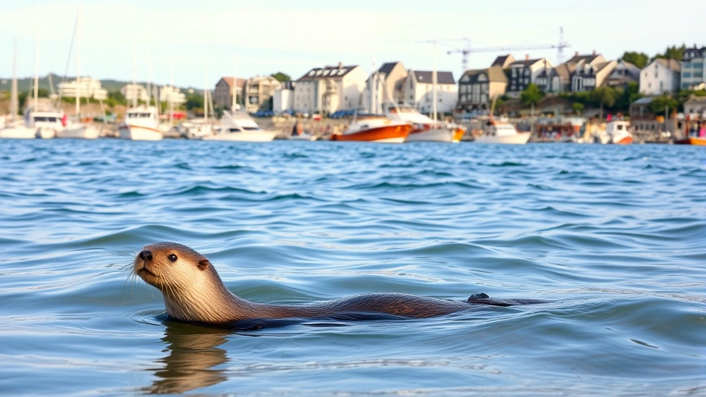 Coastal town waterfront with boats and buildings in background, sea otter swimming in foreground shallow water, tourism and economic activity visible
