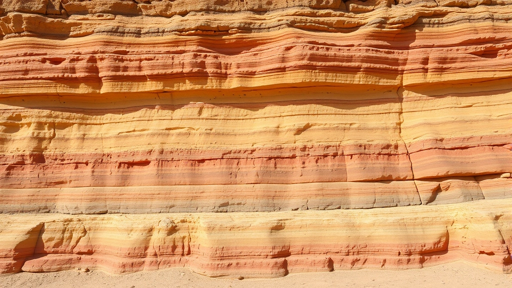 Layered sedimentary rock formations with distinct color banding showing different depositional phases, exposed cliff face with weathered surfaces, desert landscape background, natural geological outcrop without text or labels