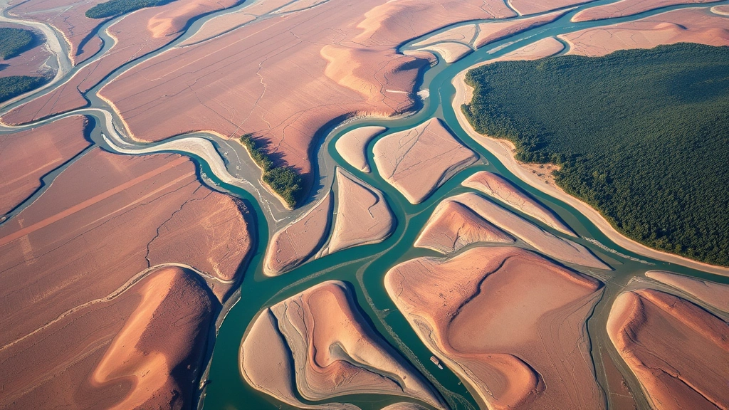 Aerial view of braided river system with multiple channels flowing through alluvial plains, meandering patterns visible, sediment bars and islands, forested areas on riverbanks, natural lighting showing sediment color variations