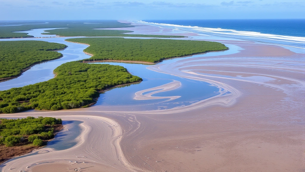 Coastal delta system where river meets ocean, showing transition between freshwater and marine environments, sediment plumes visible in water, mangrove or marsh vegetation, tidal mudflats exposed at low water, birds and natural wildlife present