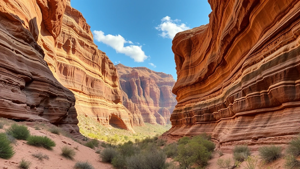 Dramatic layered sedimentary rock formations exposed in canyon walls with desert vegetation and clear sky, showcasing geological stratification and natural landscape beauty in arid ecosystem