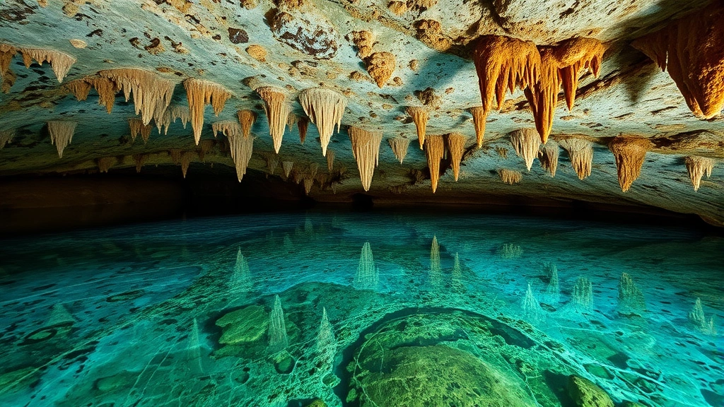 Underground limestone cave system with crystal-clear subterranean pool reflecting cave ceiling formations, showing specialized cave habitat ecosystem with mineral-rich water and unique geological structures