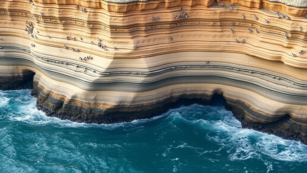 Coastal cliff face composed of sedimentary rock strata with nesting seabirds, crashing ocean waves below, demonstrating biodiversity habitat provision and erosion protection by geological formations
