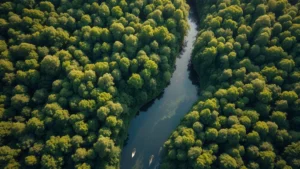 Aerial view of healthy green forest canopy with winding river reflecting sunlight, demonstrating natural capital and ecosystem services supporting economic productivity