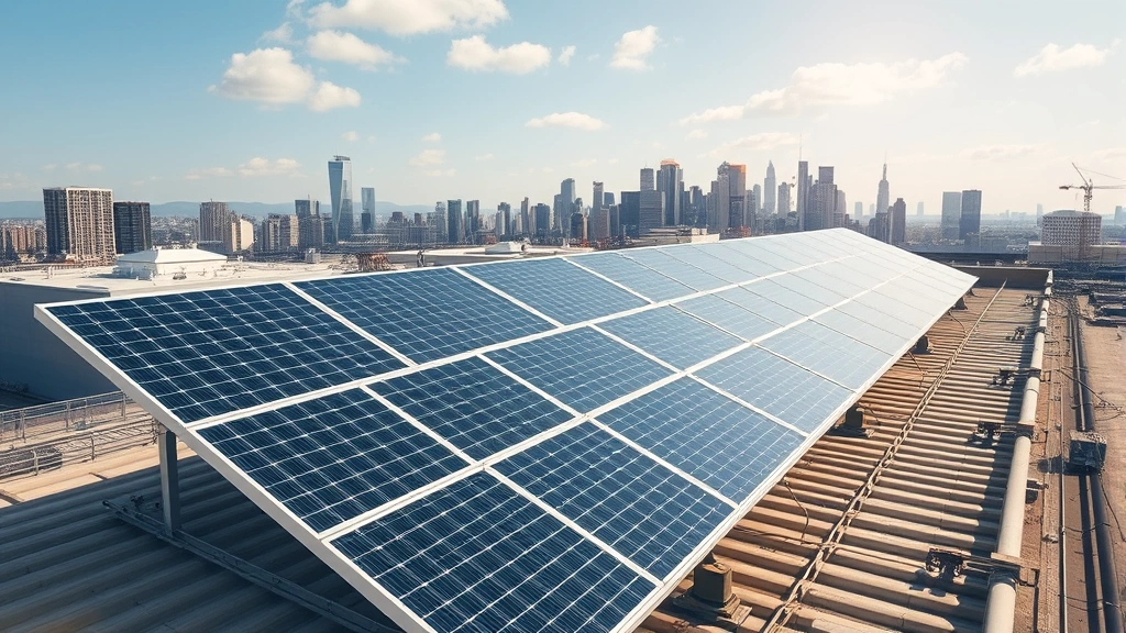 Modern renewable energy solar panel array installed on industrial rooftop with city skyline visible in background, showing clean energy economic transition