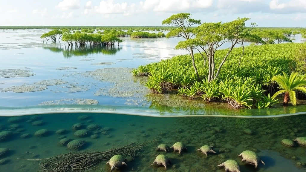Coastal wetland ecosystem with mangrove trees, shallow water, and wildlife, illustrating natural infrastructure providing economic value through flood protection and fisheries