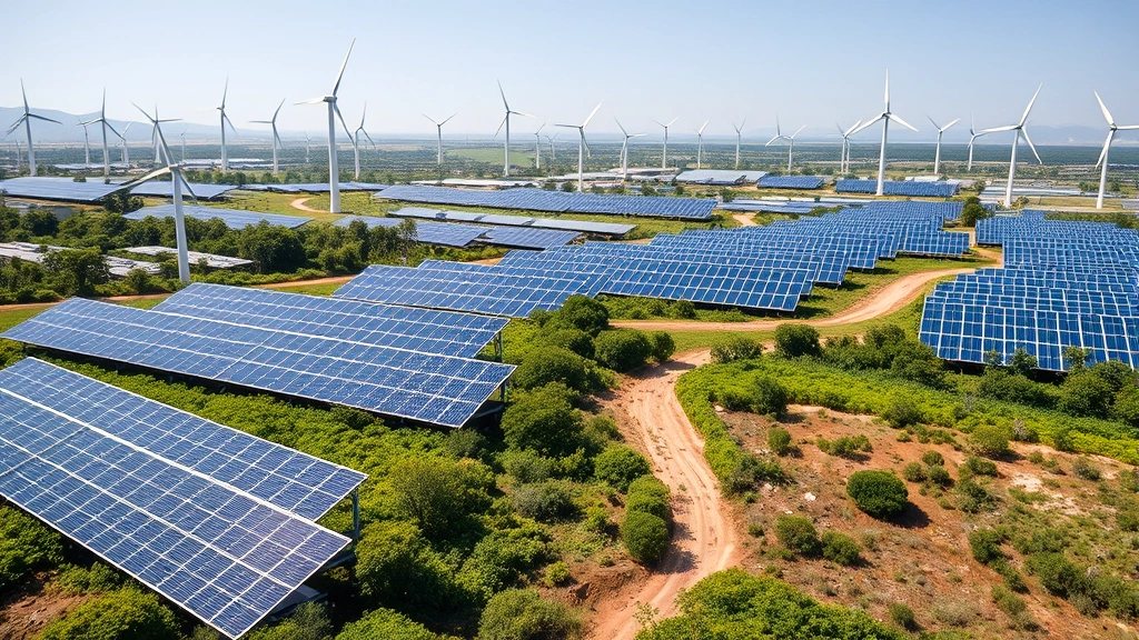 Solar panels and wind turbines spanning across diverse landscape with green vegetation, photorealistic natural lighting, no text or charts visible, showing economic transition to renewable energy infrastructure