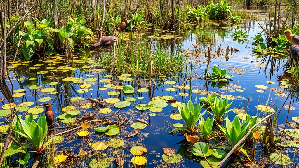 Wetland ecosystem with water, native plants, and wildlife thriving, photorealistic natural colors, demonstrating ecosystem services and natural capital value in economic context, no visible text