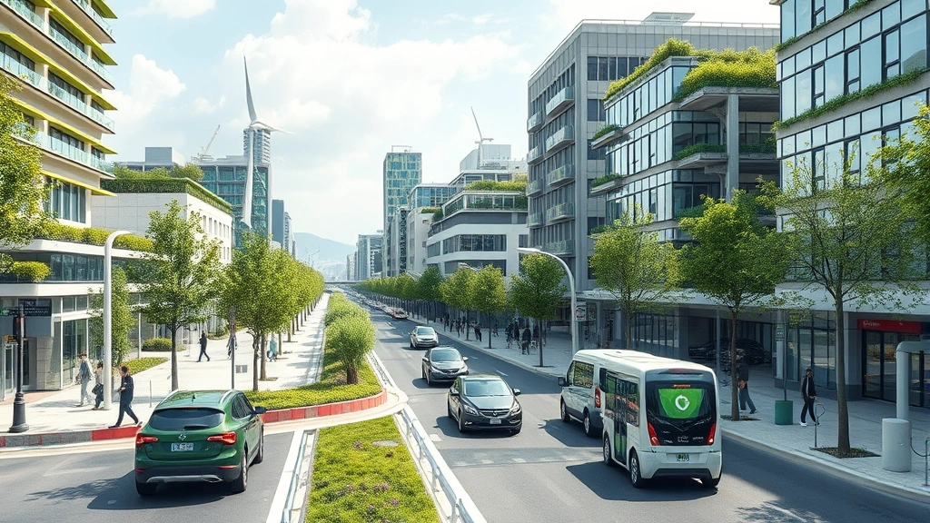 Modern sustainable city with green buildings, electric vehicles, pedestrians, and renewable energy visible in infrastructure, photorealistic urban landscape showing integrated green economy principles, no signage or text