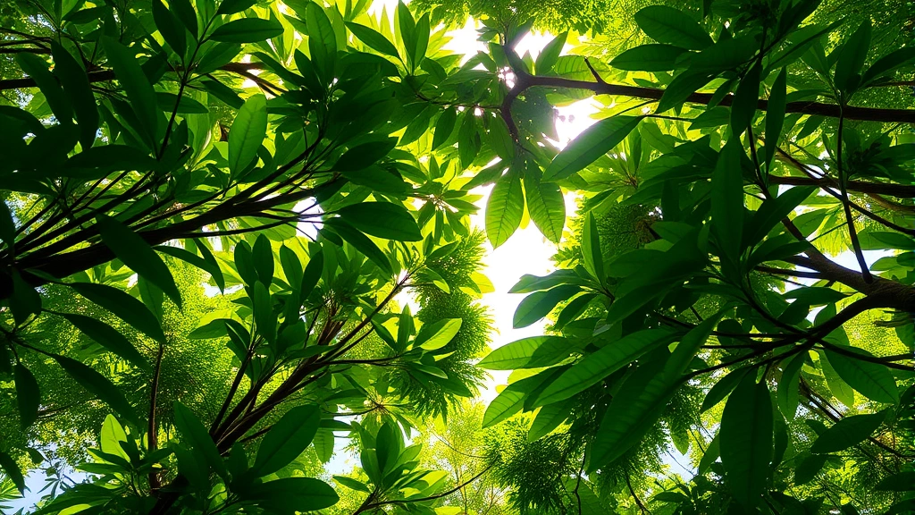 Lush tropical forest canopy with sunlight filtering through dense green leaves, showcasing biodiversity and carbon sequestration potential in natural ecosystem