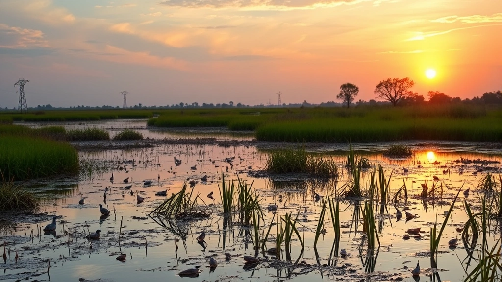 Wetland landscape with water, reeds, and wildlife at sunset, demonstrating flood control and water filtration ecosystem services in action