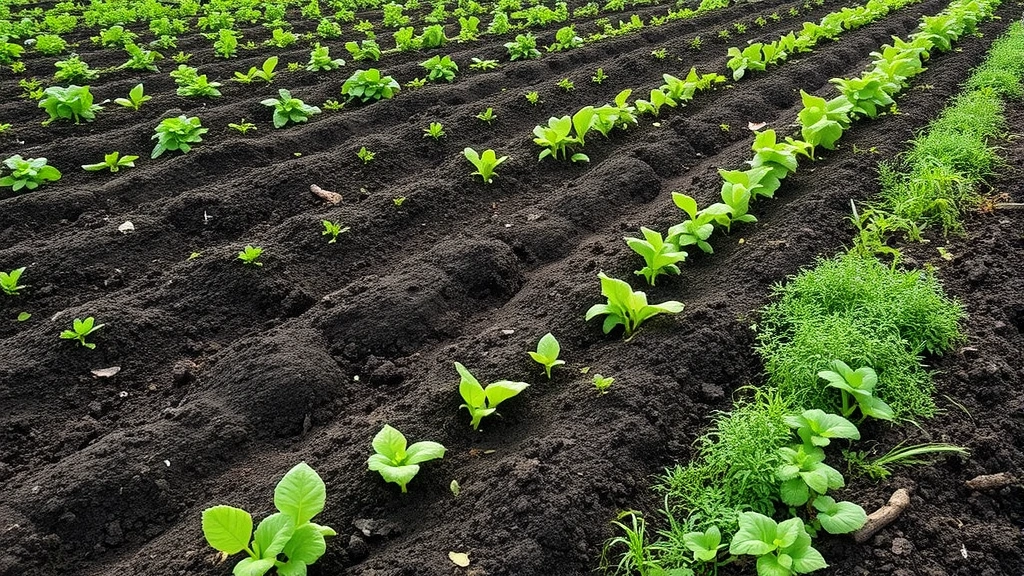 Regenerative agricultural field with healthy dark soil, green crops, and diverse vegetation showing sustainable farming practices and soil ecosystem health