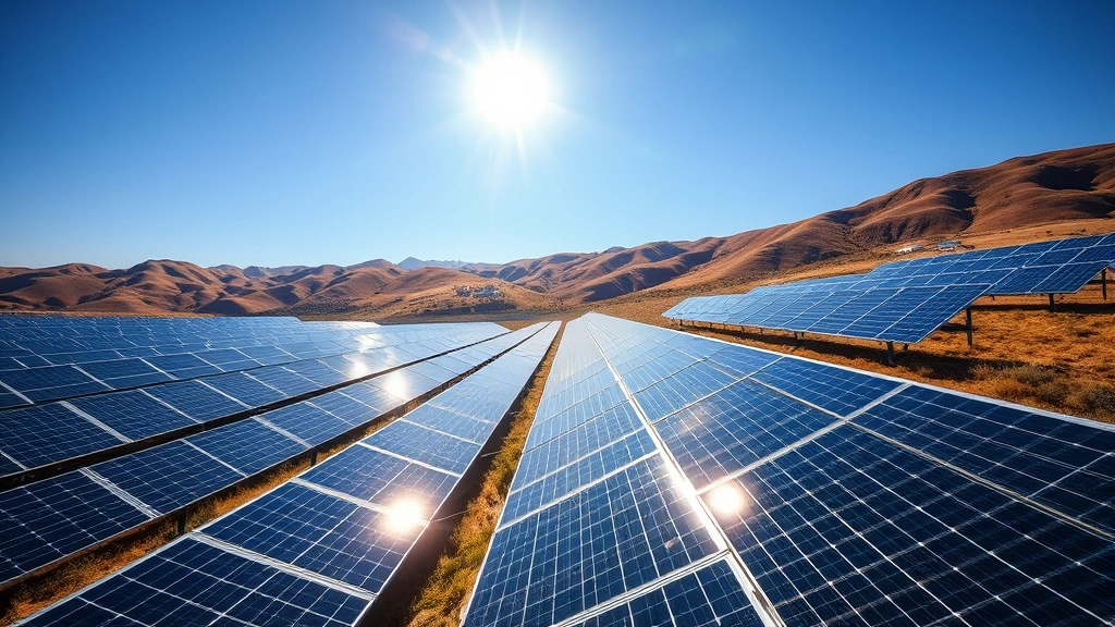 Photorealistic wide-angle view of modern solar panel array stretching across rolling hills under bright sunlight with clear blue sky, showing renewable energy infrastructure scale and technology