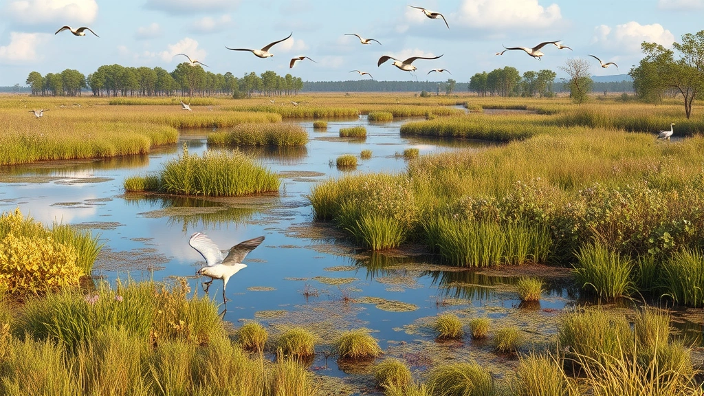 Photorealistic image of restored wetland ecosystem with water reflecting surrounding native vegetation, birds in flight, and natural landscape regeneration showcasing ecological restoration