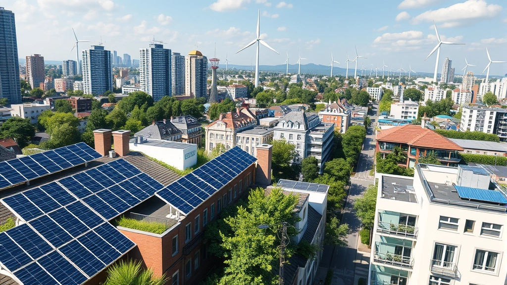 Photorealistic urban scene showing integrated renewable energy infrastructure including rooftop solar panels, wind turbines in distance, green spaces, and modern sustainable city development