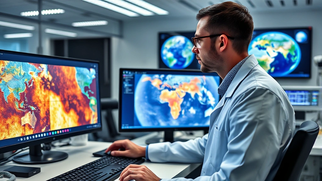 Scientist analyzing satellite climate data on computer screens showing Earth's atmospheric patterns and thermal imaging, modern research laboratory with environmental monitoring equipment, photorealistic