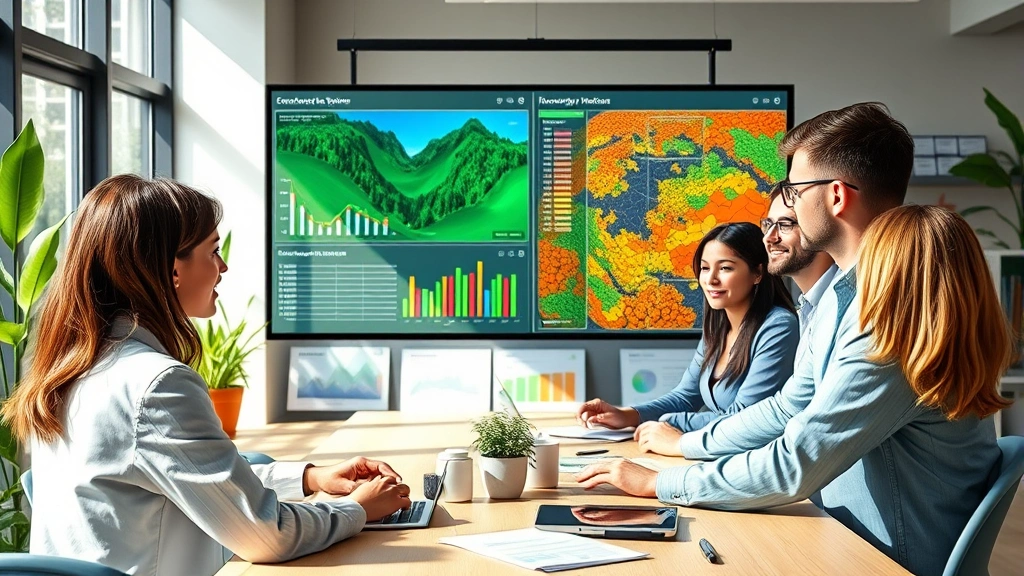 Diverse team of environmental researchers and economists collaborating around large data visualization displays showing biodiversity metrics and carbon accounting systems, sustainable office with natural light, photorealistic
