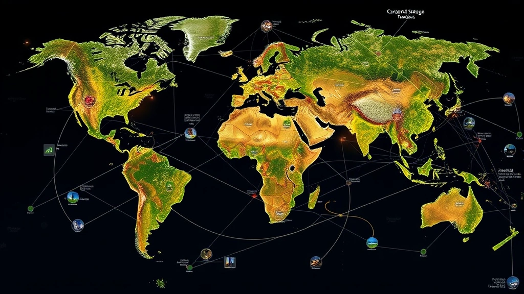 Global supply chain visualization with interconnected nodes showing carbon emissions tracking across renewable energy infrastructure and ecosystem monitoring networks, abstract yet grounded visualization, photorealistic