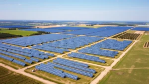 Photorealistic aerial view of large-scale solar farm with thousands of blue panels stretching across landscape under clear sky, green fields visible at edges, no text or labels
