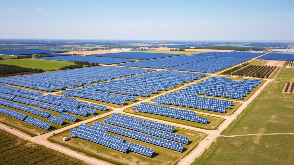 Photorealistic aerial view of large-scale solar farm with thousands of blue panels stretching across landscape under clear sky, green fields visible at edges, no text or labels