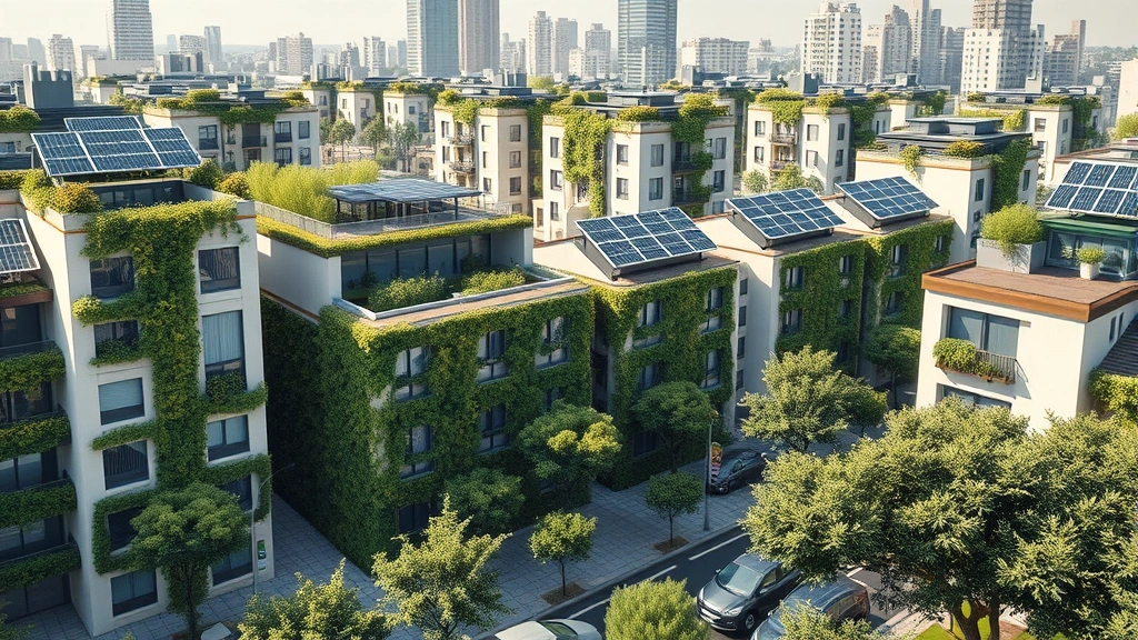 Photorealistic photo of urban sustainable development showing green buildings with planted walls, solar panels on rooftops, electric vehicles charging, trees integrated into streetscape, no maps or labels