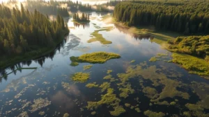 Aerial view of pristine wetland ecosystem with water reflecting surrounding forests, morning mist rising, diverse bird species visible, natural light emphasizing water quality and ecological health