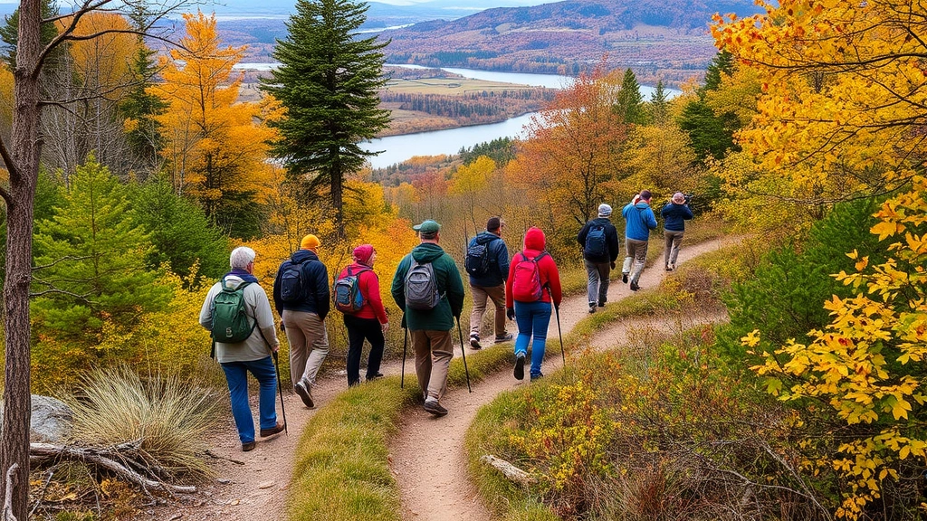 Mixed group of hikers and nature photographers exploring natural trail through diverse habitat types, autumn foliage, distant water features visible, people engaged with outdoor recreation demonstrating ecosystem use value