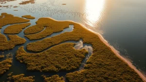 Aerial view of San Francisco Bay with restored wetlands and salt marshes teeming with migratory birds, native plants thriving along water edges, golden sunlight reflecting off clean water, natural habitat recovery visible