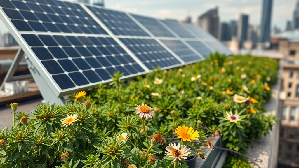 Urban rooftop with solar panels and green vegetation, native flowering plants growing beneath solar installation, bees and butterflies visiting flowers, city skyline blurred in background, sustainable energy and biodiversity coexisting