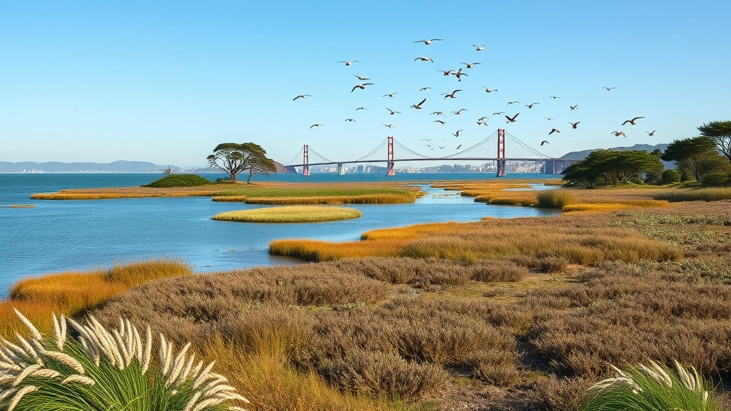 Restored San Francisco Bay waterfront with native trees, wetland vegetation, and clear water, salt marsh landscape with diverse plant species, birds in flight over restored habitat, ecological recovery and environmental restoration evident