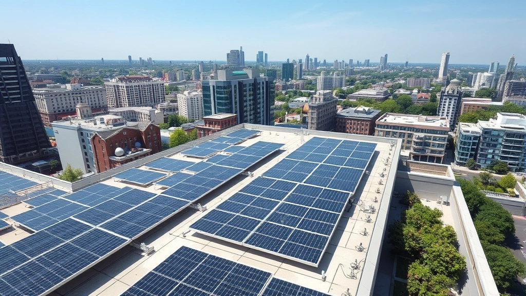 Modern urban rooftop with extensive solar panel arrays overlooking dense cityscape with green building architecture, photorealistic, daytime, clear sky, sustainable infrastructure visible