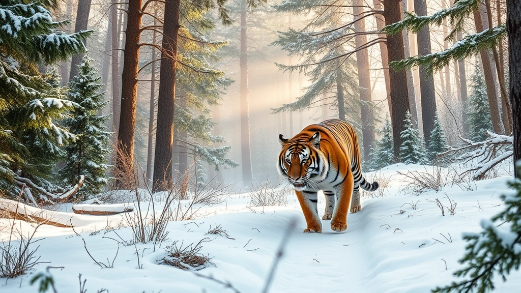 Siberian tiger prowling through snowy temperate forest with coniferous and deciduous trees, morning mist between trees, pristine wilderness landscape, photorealistic wildlife photography