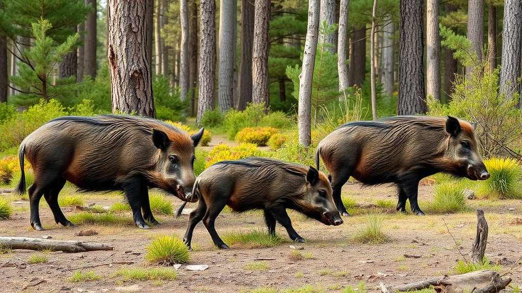 Wild boar family grazing in forest clearing with vegetation, temperate forest backdrop, natural daylight, ecological prey species habitat, realistic nature scene without text or labels