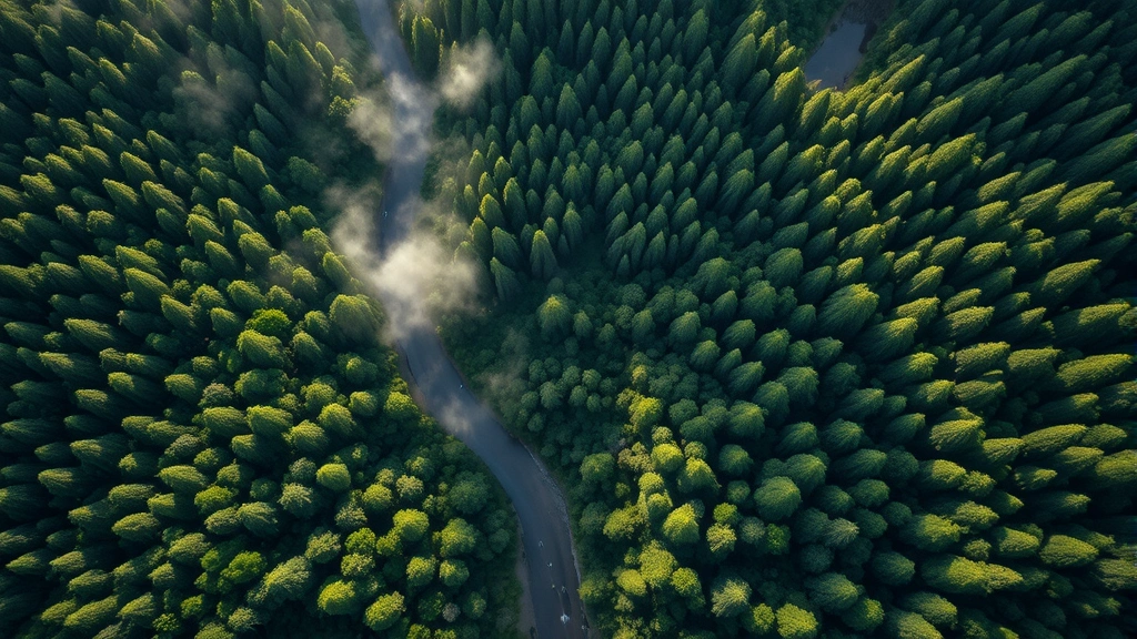 Aerial view of dense green forest canopy with winding river, morning mist rising, sunlight filtering through trees, no buildings or text visible, photorealistic wildlife habitat landscape