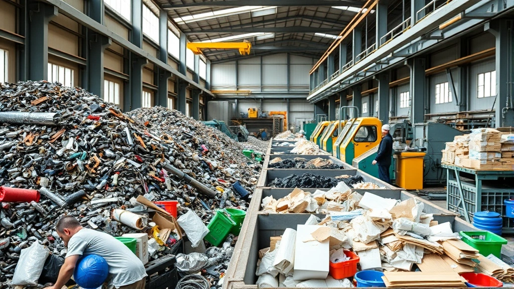 Industrial recycling facility with sorted materials—metal, plastic, glass, paper—in organized bins, workers processing materials, modern machinery, natural lighting, no visible charts or labels, showing circular economy workflow