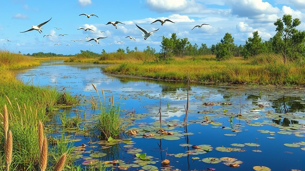 Restored wetland ecosystem with native vegetation, water reflecting sky, birds in flight, diverse plant life establishing, natural landscape recovery, no human infrastructure visible, photorealistic ecosystem regeneration