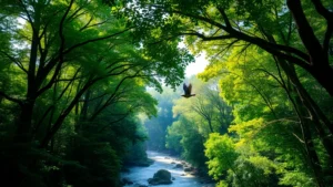 Lush forest canopy with sunlight filtering through leaves, river flowing below, birds in flight, vibrant green ecosystem teeming with life and biodiversity